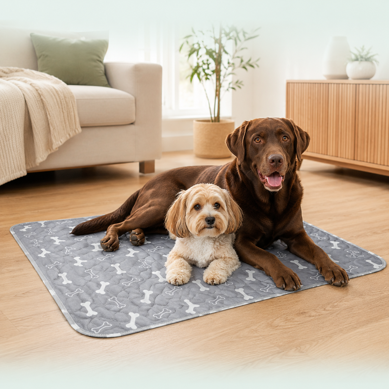 Puddl Pad washable dog pee pad in Bone Coral design on living room floor